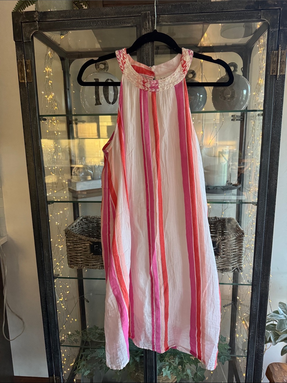 THML women's Pink, orange  & White Striped lined Halter Dress